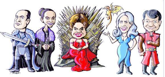 Dilma está no trono de ferro, ladeada por Marina Silva e Renata Campos. Foto: ilustração de Ronaldo/Jornal do Commercio.