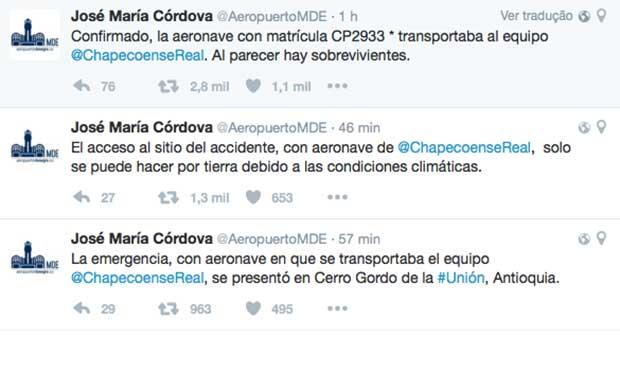 Pelo Twitter, aeroporto de Medellín confirmou acidente / Foto: reprodução