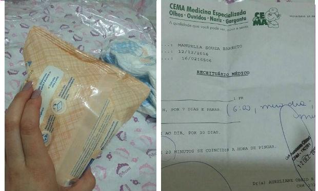 Mãe postou pacote de lenços umedecidos que feriram o olho da filha e o receituário médico após levá-la ao hospital / Foto: reprodução/Facebook