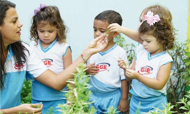 Trabalhar com areia, pedras e folhas auxilia no desenvolvimento do lado sensorial das crianças / Foto: Colégio GGE/ Divulgação