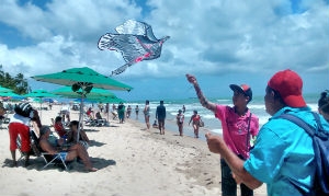 Colorindo o céu da praia no verão, as pipas também são uma opção de entretenimento