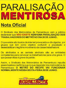 Nota oficial divulgada pelo Sindicato dos Metroviários de Pernambuco