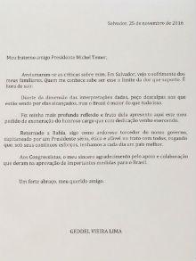 Confira carta de Geddel ao presidente Michel Temer